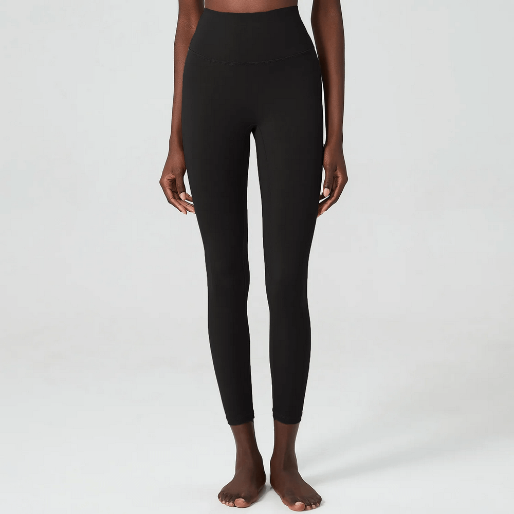 Black ankle-length yoga leggings for women, full front view, perfect for yoga, gym, and running, versatile for all seasons.